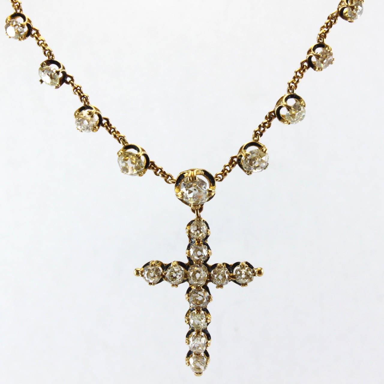 Women's Victorian Enamel Old Cut Diamond Cross Chain Necklace