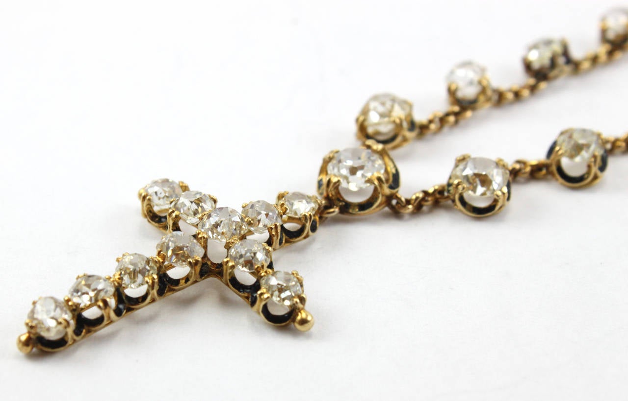 Victorian Enamel Old Cut Diamond Cross Chain Necklace 1