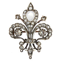 Fleur-de-Lys Diamond Silver Gold Brooch 1880s