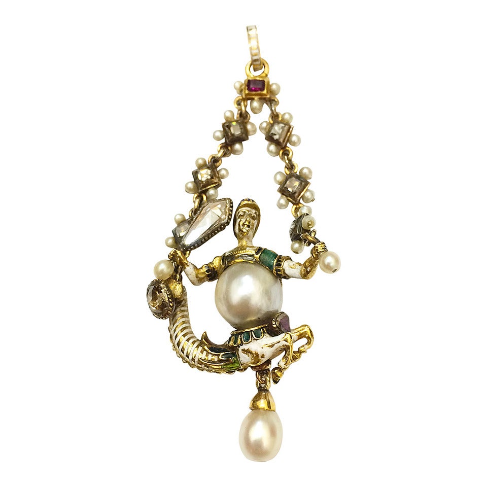 1830s Neorenaissance Pearl Diamond Gold Pendant
