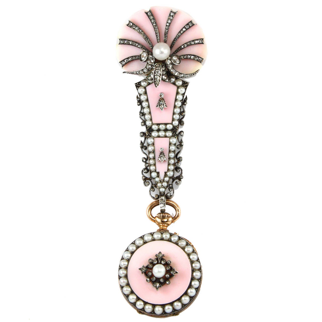 Pink Shell Diamond Pearl Yellow Gold Lapel Watch Brooch
