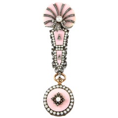 Antique Pink Shell Diamond Pearl Yellow Gold Lapel Watch Brooch