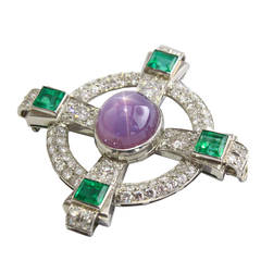 1930s Star Sapphire Emerald Diamond Platinum Celtic Cross Brooch