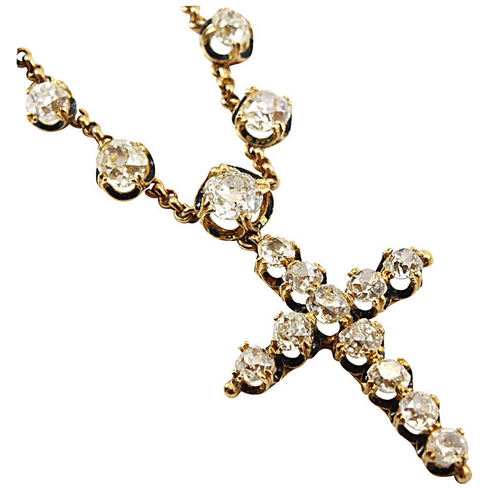 Victorian Enamel Old Cut Diamond Cross Chain Necklace