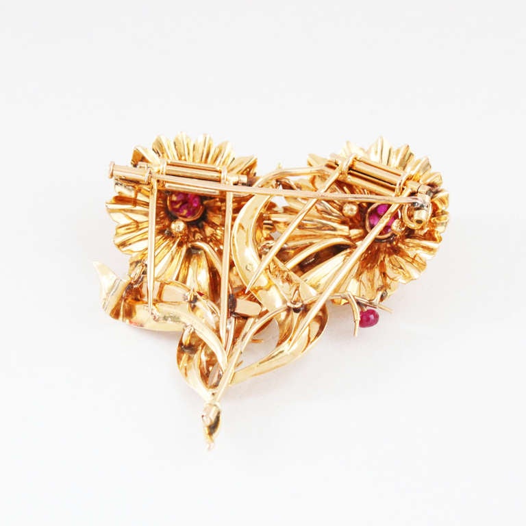 Women's or Men's Mellerio Ruby Gold Flower Double Clip Brooch
