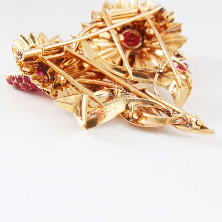 Mellerio Ruby Gold Flower Double Clip Brooch 1