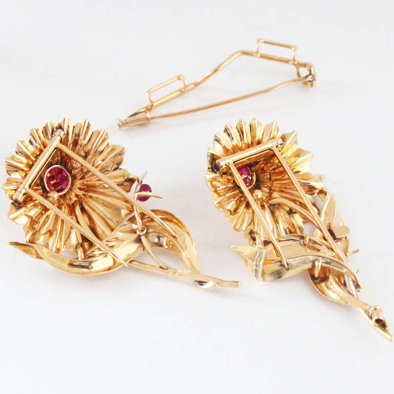 Mellerio Ruby Gold Flower Double Clip Brooch 2