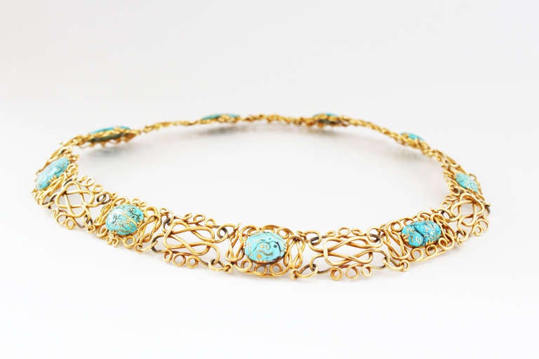 Art nouveau Collier ras du cou antique en or incrusté de turquoises en vente