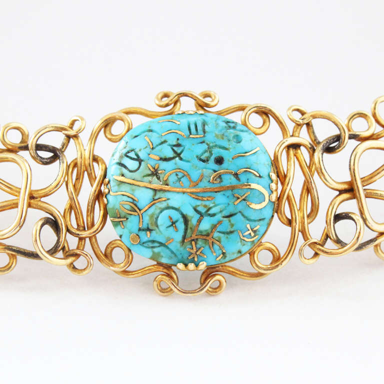 Art Nouveau Antique Inlaid Turquoise Gold Wire Choker Necklace For Sale