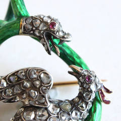 Victorian Enamel Diamond Ruby Snake and Phoenix Brooch Pendant