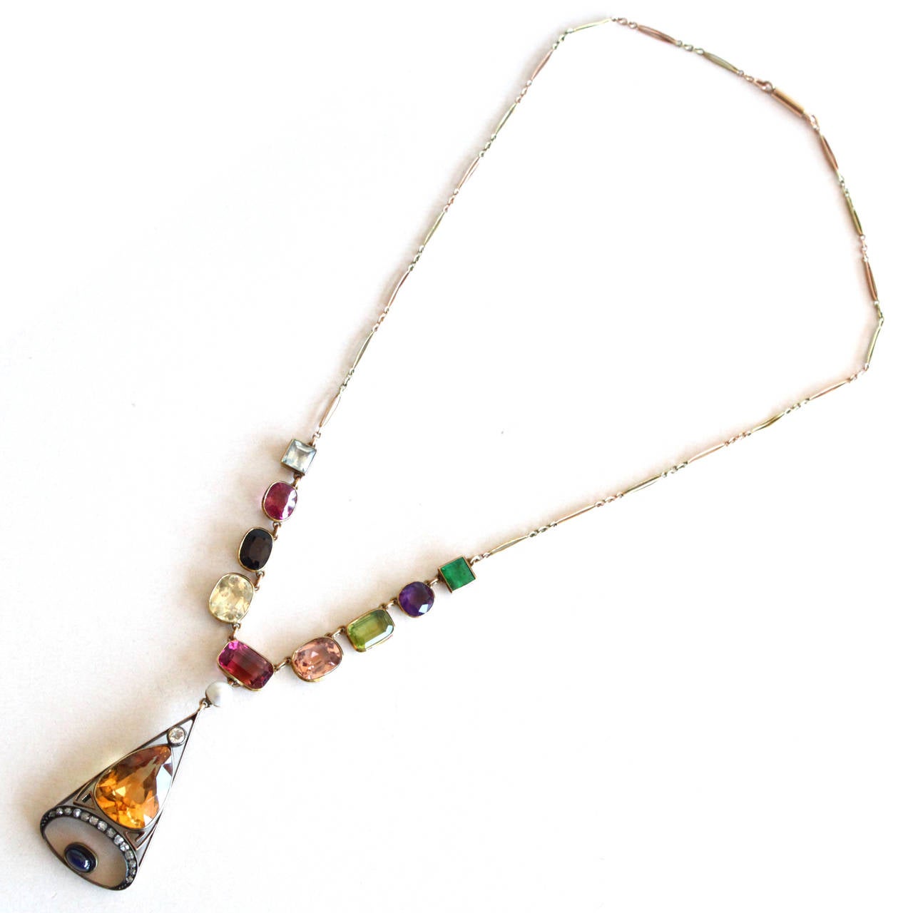 1890s Russian Multi Gemstone 15 Karat Gold Necklace For Sale 3