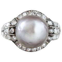 Art Deco Grey Natural Pearl and Diamond Ring