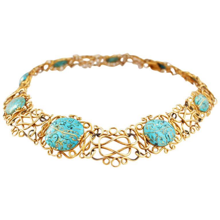 Antique Inlaid Turquoise Gold Wire Choker Necklace For Sale