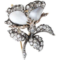 Victorian Mother of Pearl Diamond Silver Gold Flower Brooch
