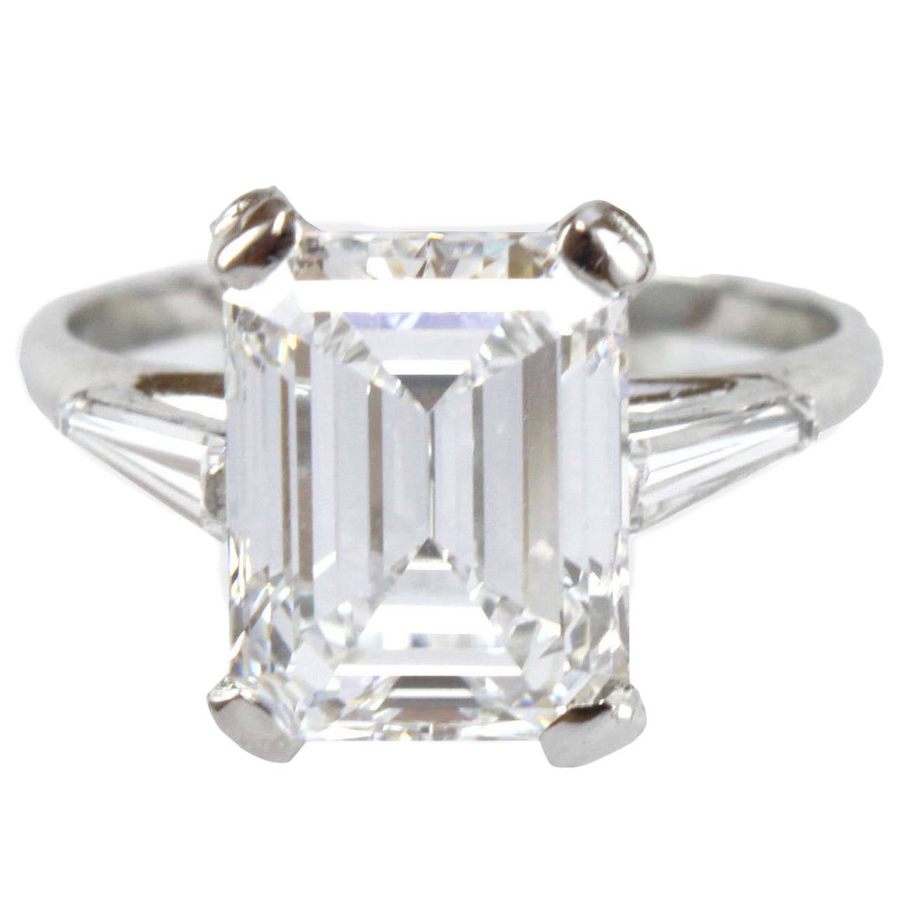 4.20 Carat E-VS1 Emerald Cut GIA Cert Solitaire and Baguette Diamond ...