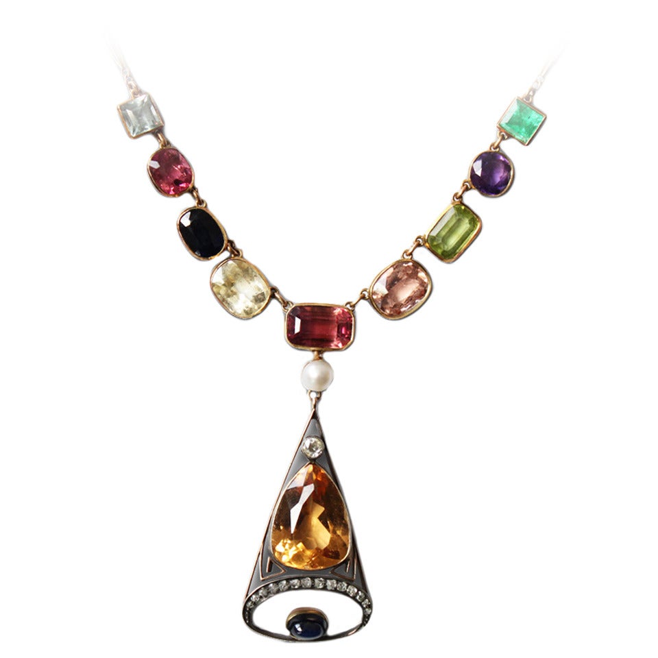 1890s Russian Multi Gemstone 15 Karat Gold Necklace For Sale