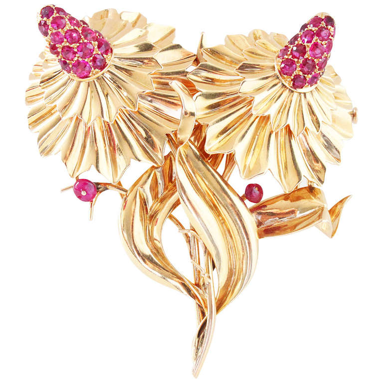 Mellerio Ruby Gold Flower Double Clip Brooch