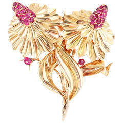 Mellerio Ruby Gold Flower Double Clip Brooch 4