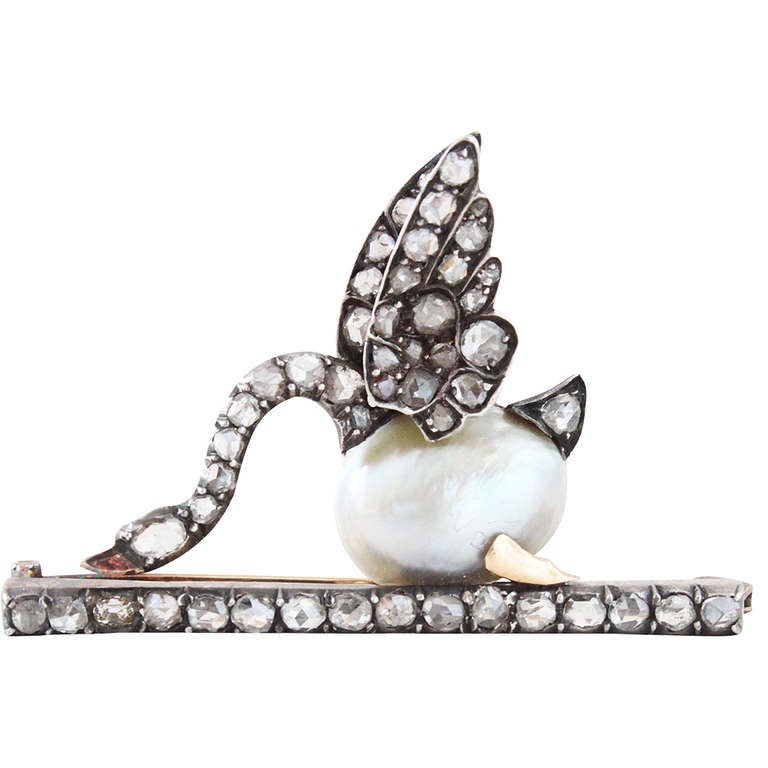 Victorian Natural Pearl Diamond Swan Brooch