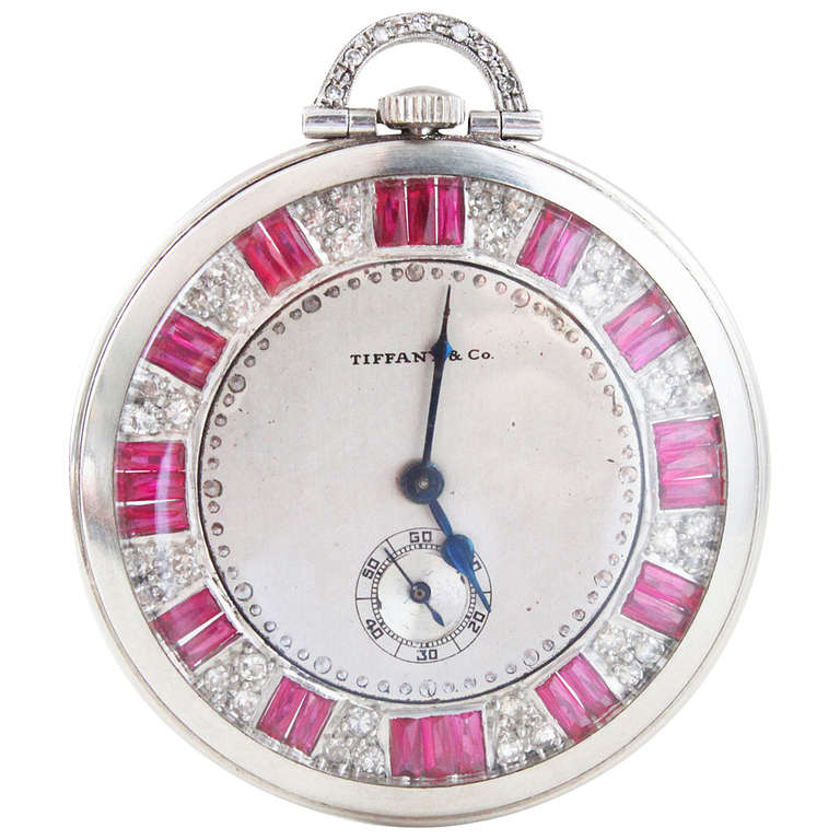 1920s Tiffany & Co. Ruby Diamond Platinum Pocket Watch 