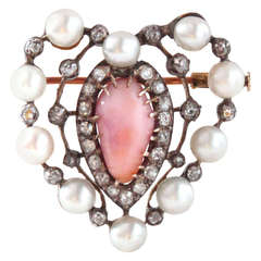Victorian Conch Natural Pearl Diamond Heart Brooch