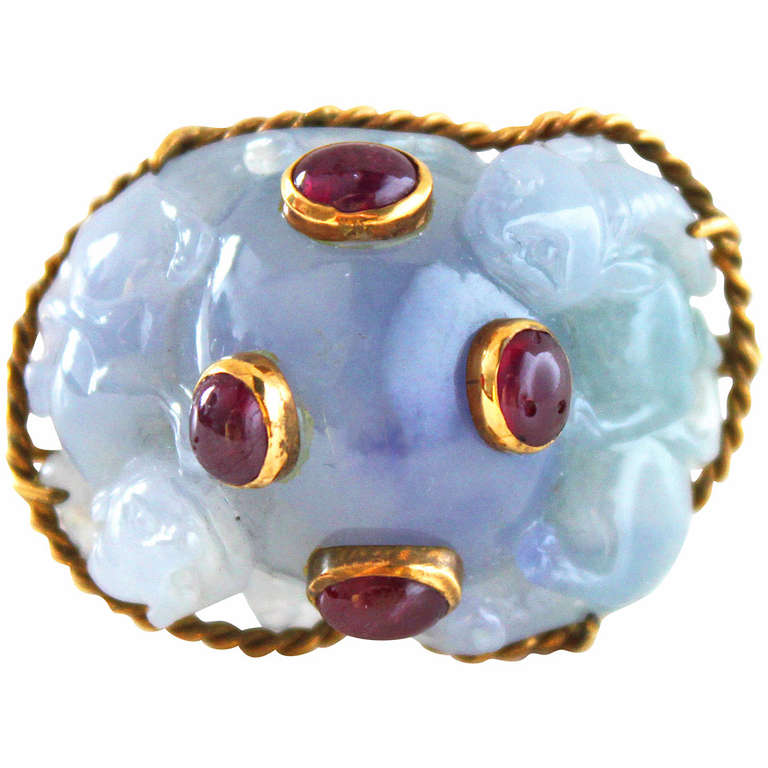 Carved Jadeite Ruby Brooch For Sale