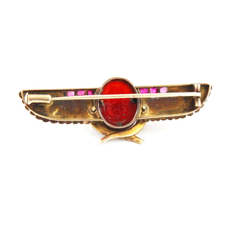 Women's or Men's Carl Bacher Egyptian Revival Enamel Ruby Diamond Gold Brooch