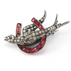 1880s Diamond Spinel Horseshoe and Dove Brooch