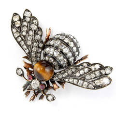Large Tiger Eye Diamond and Ruby Bumble Bee Brooch, 1880s