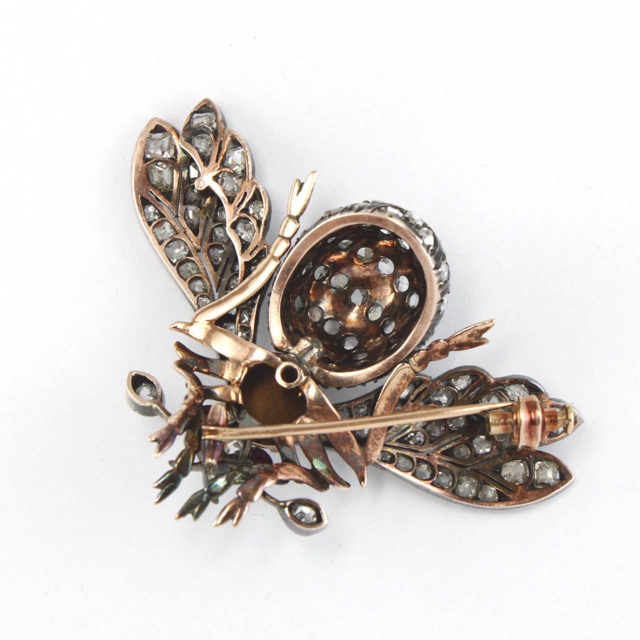 Women's or Men's Large Tiger Eye Diamond and Ruby Bumble Bee Brooch, 1880s