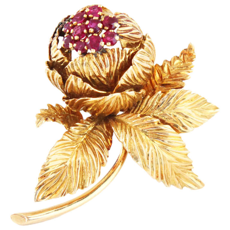 Van Cleef & Arpels Ruby Gold Flower Brooch
