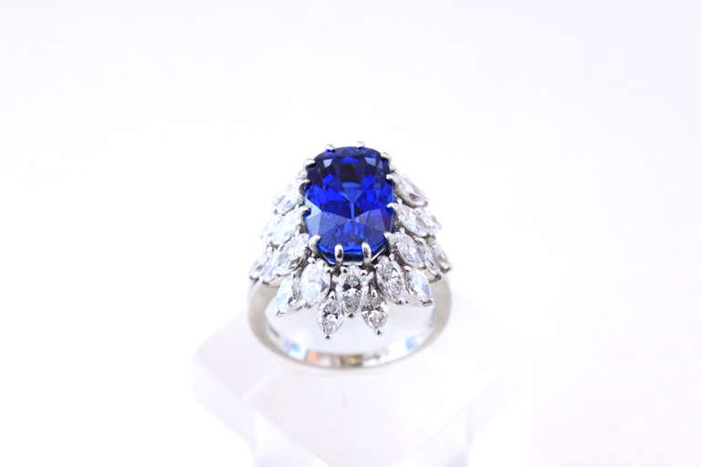 This is a beautiful and important Boucheron sapphire ring with a natural non-heated Royal Blue Burma sapphire of 7.70 carats (with SSEF certificate), surrounded by marquise cut diamonds of circa 4 carats. The sapphire is of gem quality and exhibits
