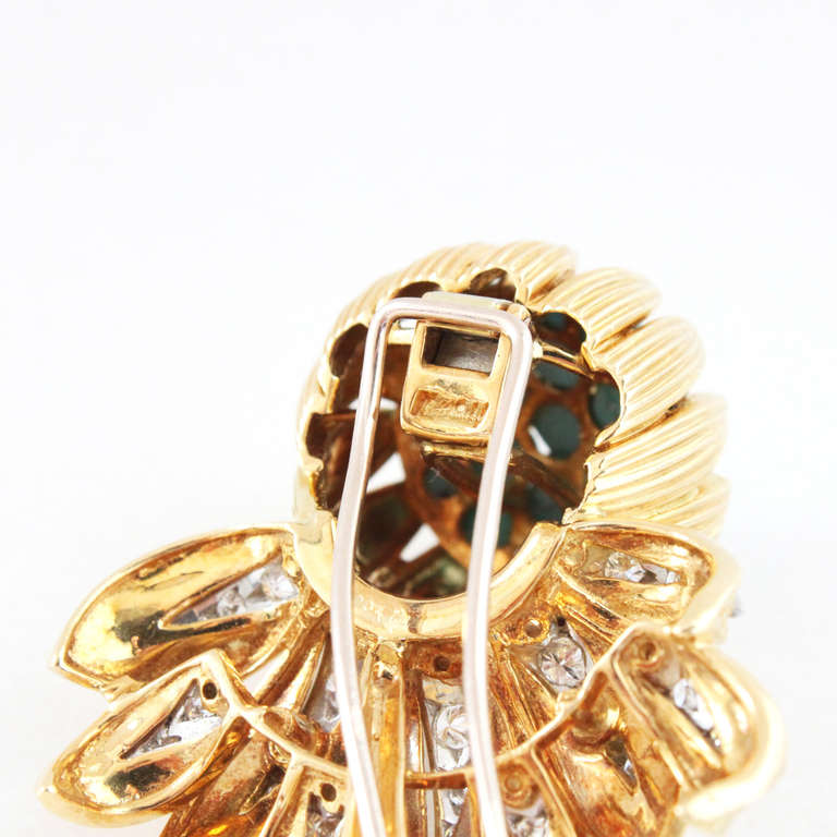 Retro Kutchinsky Turquoise Diamond Gold Flower Brooch