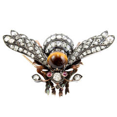 Large Tiger Eye Diamond and Ruby Bumble Bee Brooch, 1880s