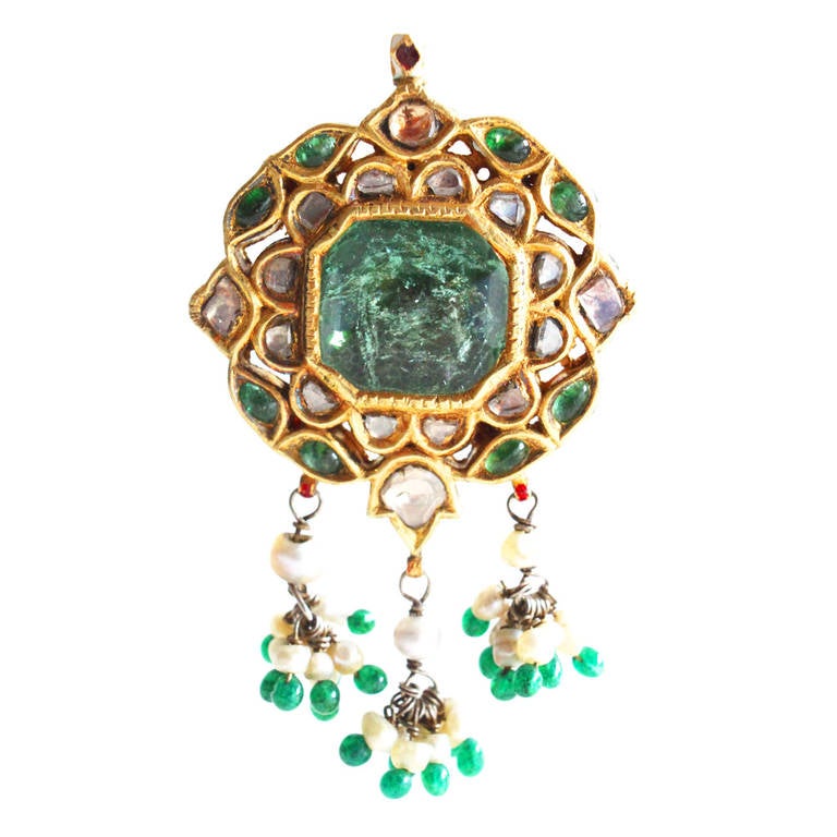 19th Century Indian Emerald Diamond Bena Pendant