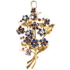 18k Yellow Gold 1948 Mauboussin Ruby Sapphire Diamond Flower Brooch or Pendant