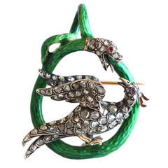 Antique Victorian Enamel Diamond Ruby Snake and Phoenix Brooch Pendant