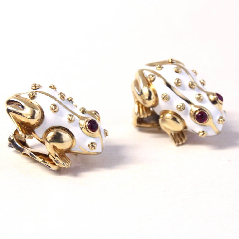 David Webb White Enamel Ruby Gold Frog Earrings at 1stDibs