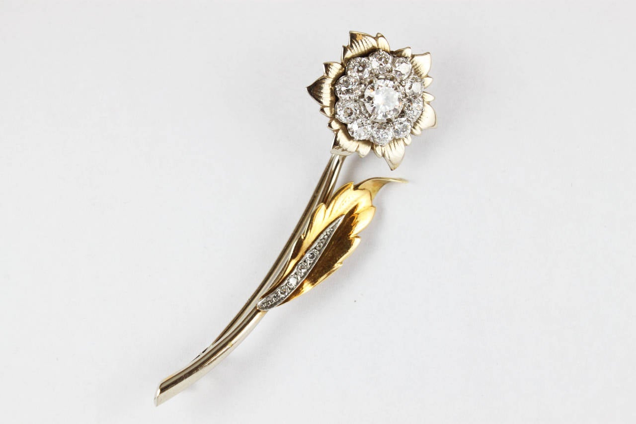 A flower broach in 14k yellow and white gold, set with 4 small single cut diamonds and 11 old cut diamonds. The centre stone weighs circa 0.75ct and is of F-G colour and VVS clarity. The total diamond weight is circa 2ct. The broach has rubbed