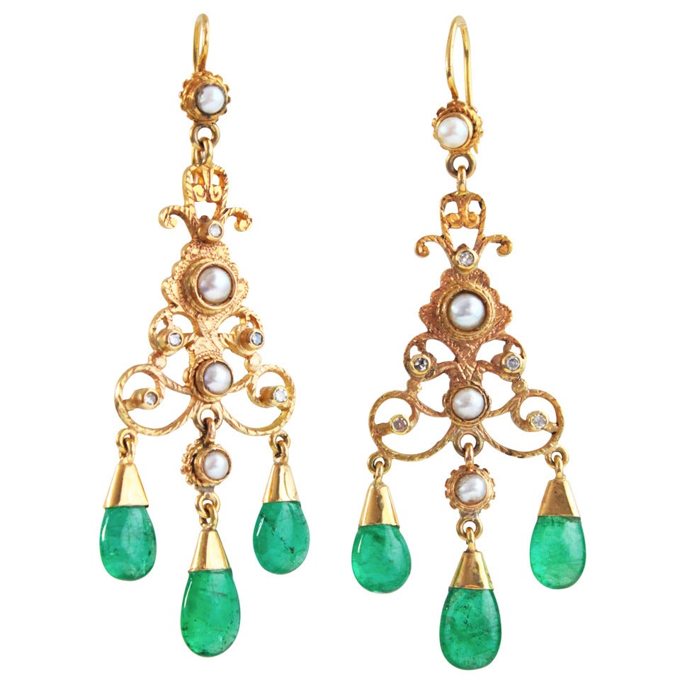 Pearl Emerald Diamond Chandelier Earrings at 1stDibs