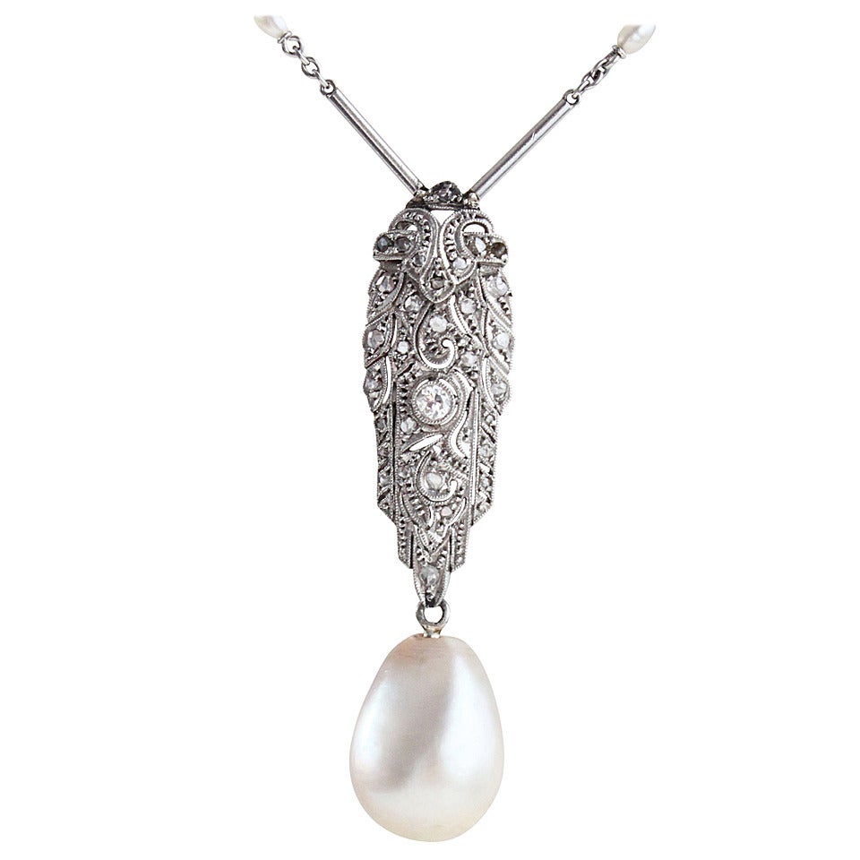 Natural Pearl Drop Diamond Art Deco Sautoir
