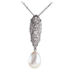 Antique Natural Pearl Drop Diamond Art Deco Sautoir