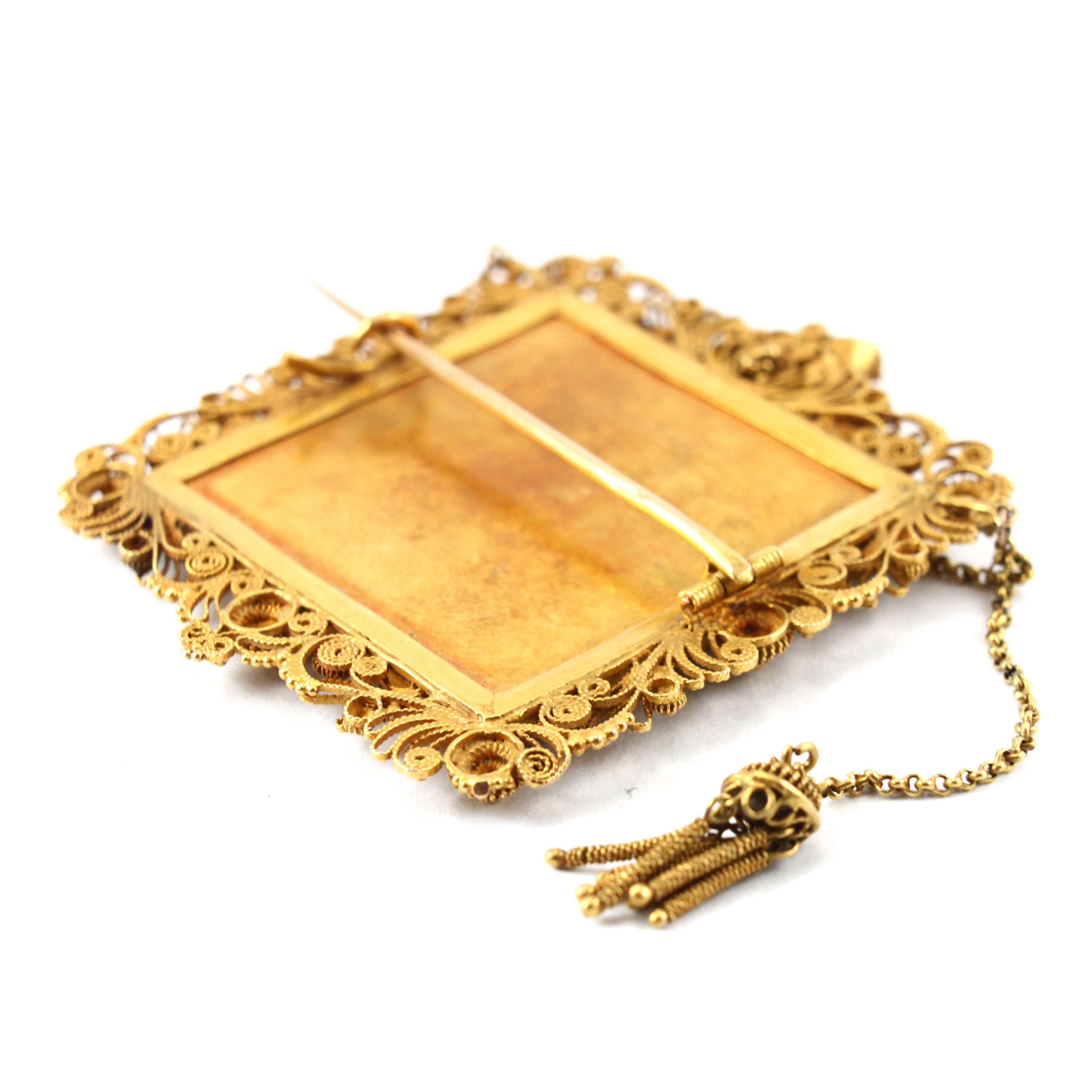 18 Karat Gold 18 Karat Gold 1820er Jahre indische Miniaturmalerei Cannetille Brosche im Zustand „Hervorragend“ im Angebot in Idar-Oberstein, DE