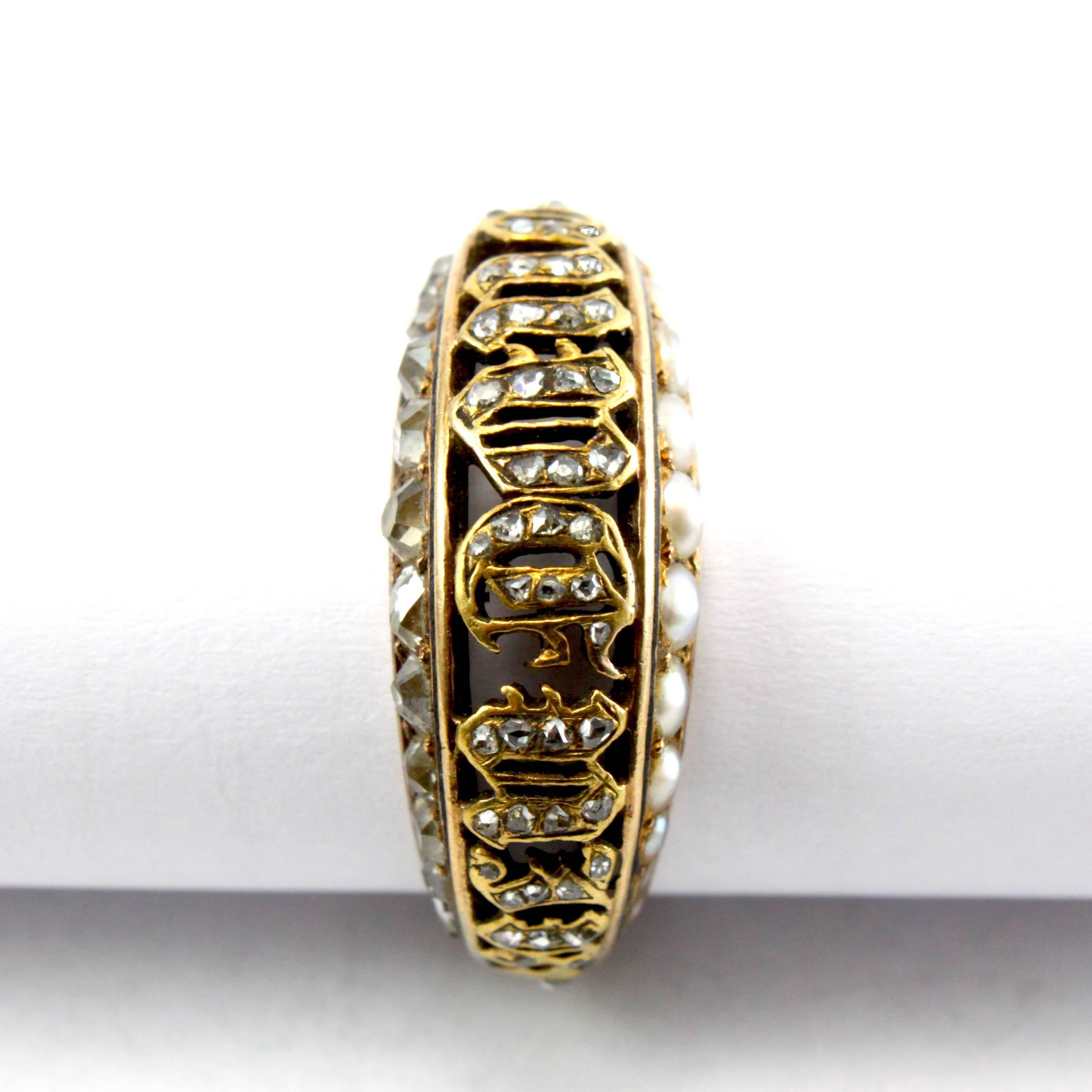 Rare Victorian Pearl Diamond Souvenir Ambigram Ring In Excellent Condition In Idar-Oberstein, DE