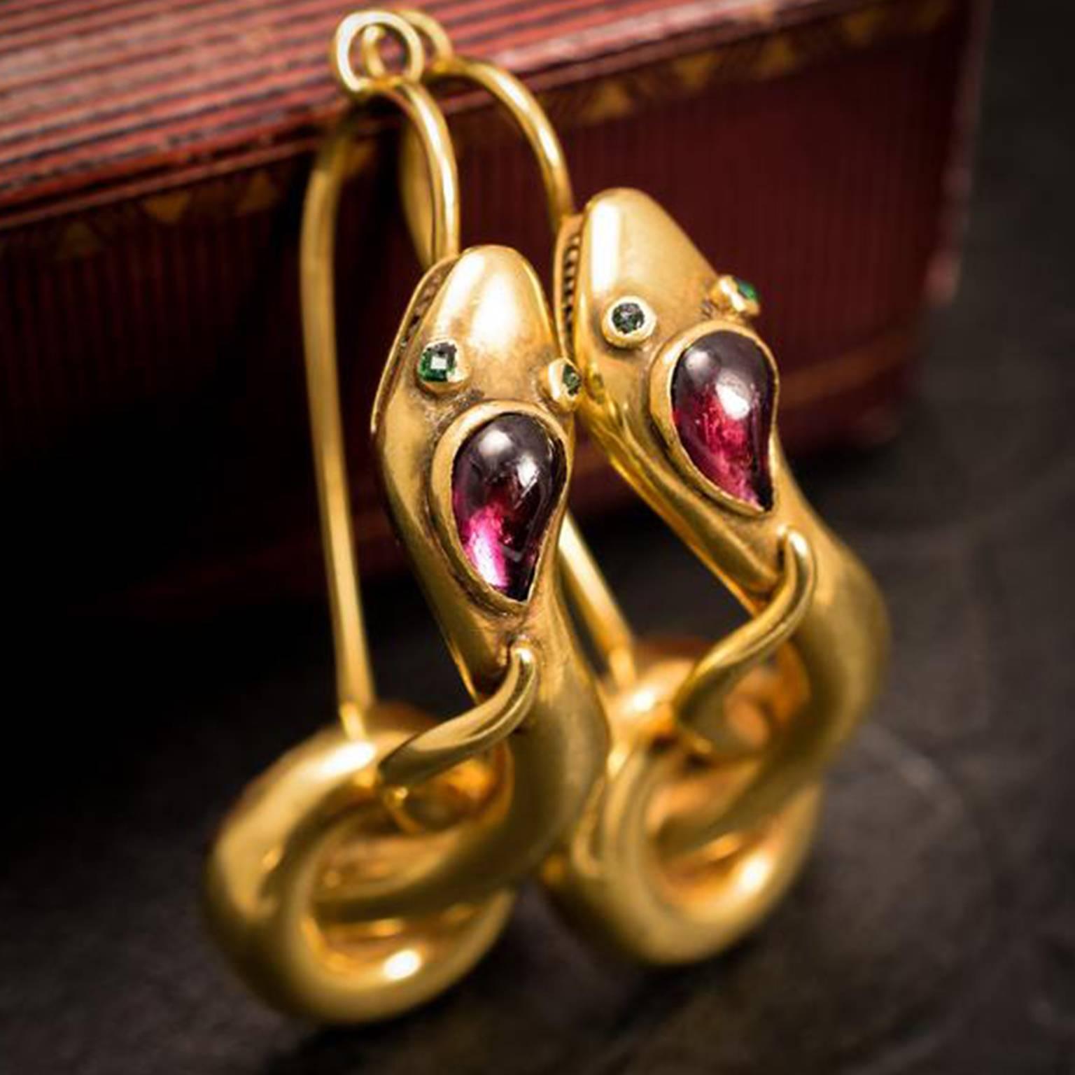 Georgian Serpent Earrings with Garnet Cabochons and Emerald Eyes For Sale 1