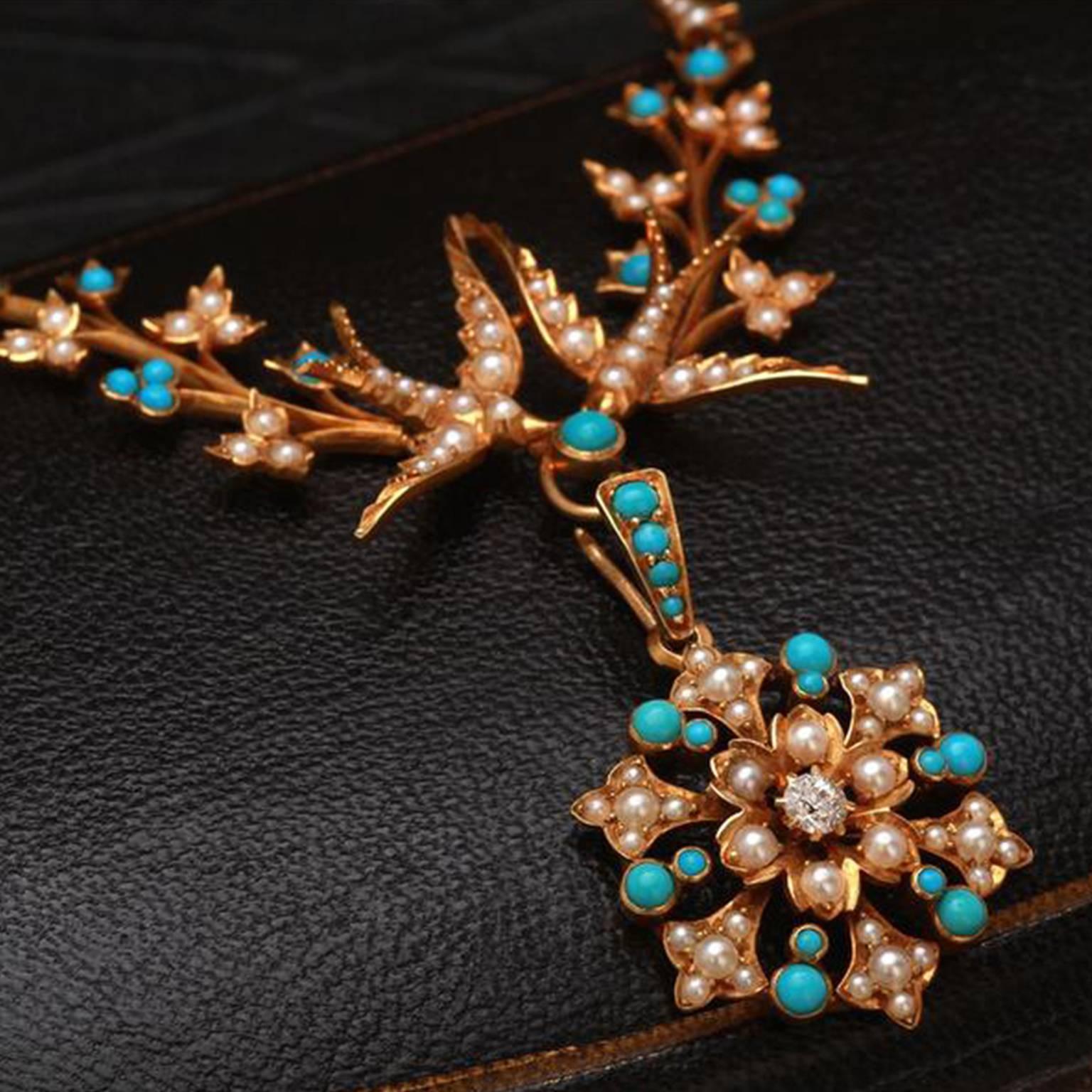 Victorian Turquoise, Seed Pearl and Diamond Lovebirds Necklace In Good Condition In Brooklyn, NY