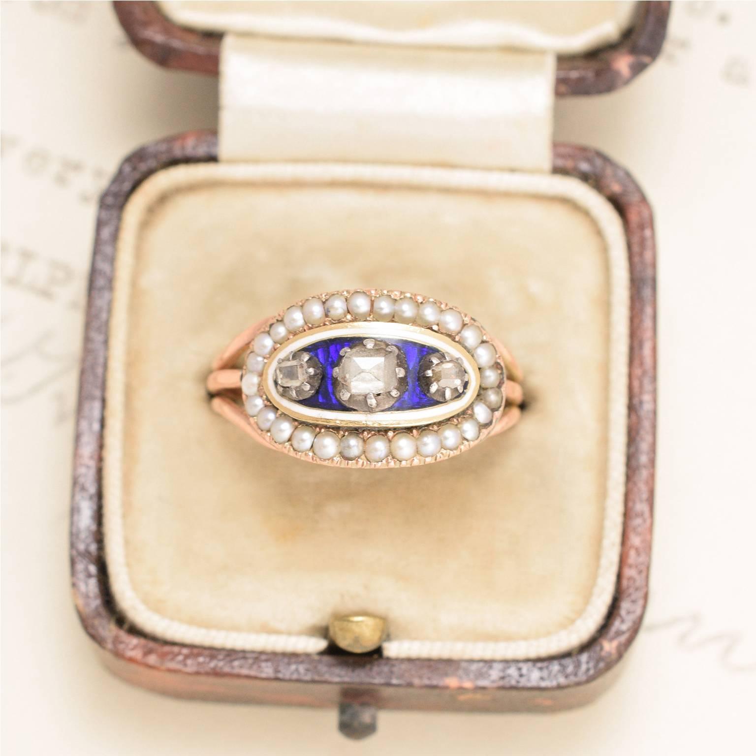 Women's Georgian Blue Enamel and Table Cut Diamond Ring with Seed Pearl Border