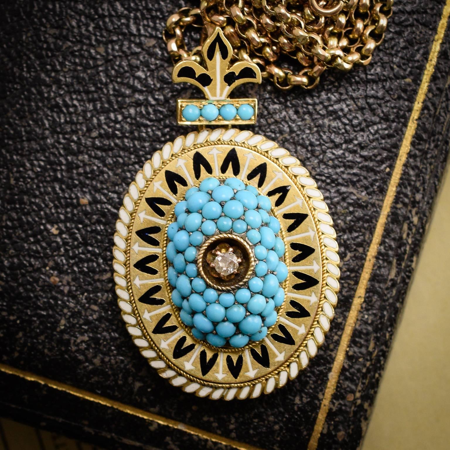 Victorian Fleur de Lis Turquoise, Enamel and Diamond Locket Necklace In Good Condition For Sale In Brooklyn, NY