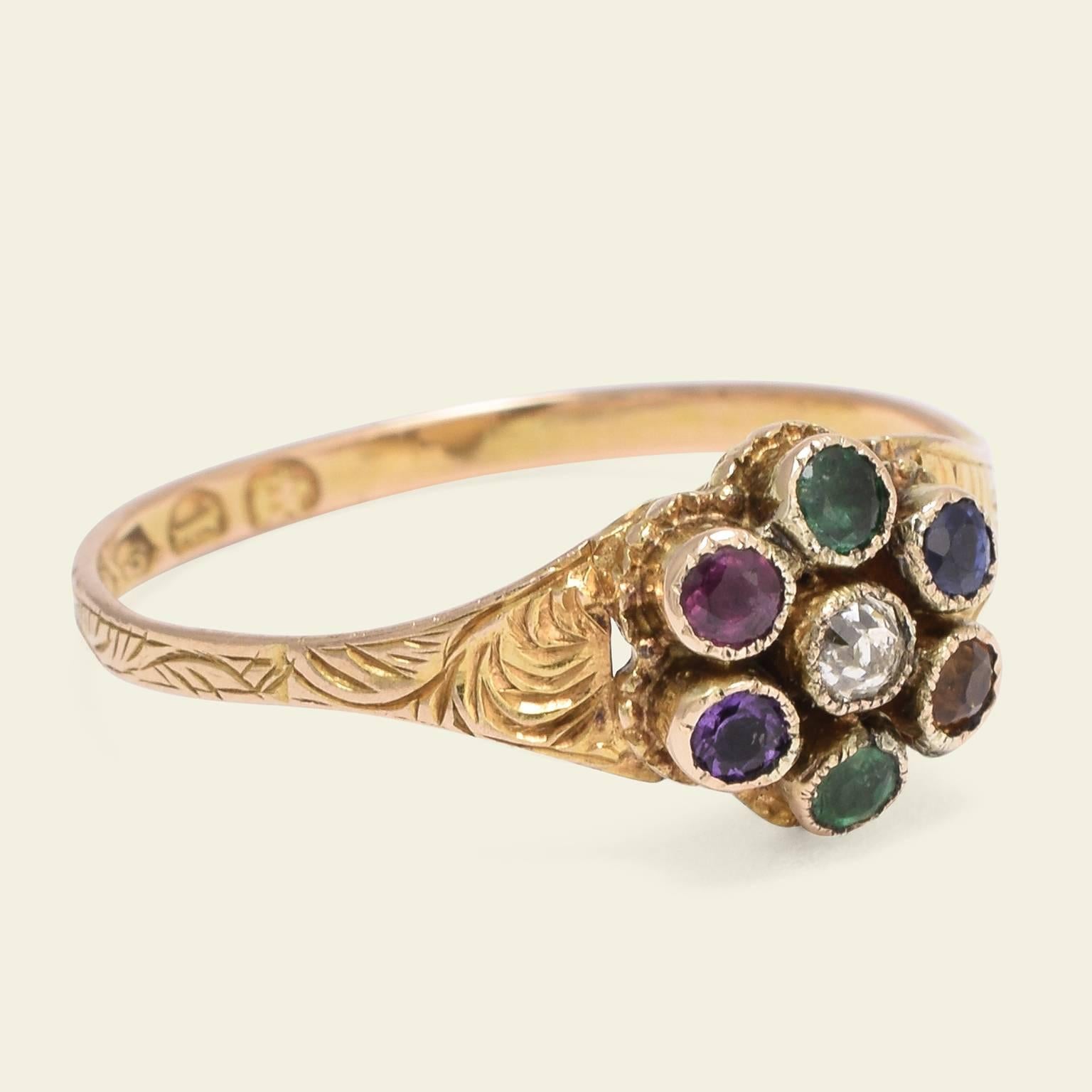 Acrostic rings like this one were beloved by the private and sentimental Victorians. The style first appeared in the early 19th century, and remained popular throughout the Civil War. Using precious gems, jewelers spelled out names and sweet