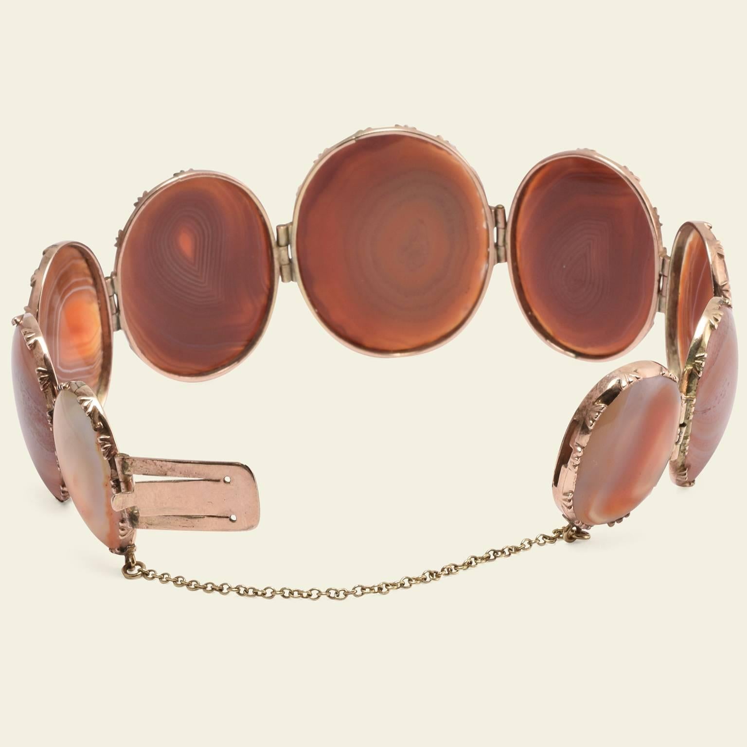 Agate is a variety of chalcedony, a member of the quartz family. The stone takes its name from the Achetes River in Sicily where it was first discovered more than two millennia ago. Agate is most often seen in Georgian and Victorian jewelry carved